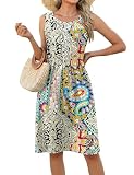 LOMON Vintage Dresses for Women Flowy Crew Neck Sleeveless Pleated Dress Sundresses Knee Length with Pockets Ethnic Print L