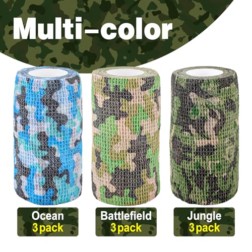 Image of AZEN 9 Pack Camo Self Adhesive Bandage Wrap, 4 inch X 5 Yards Elastic Cohesive Bandage Wrap, Athletic Tape, Tattoo Tape Wrap, Vet Wrap, Ankle Tape (Camo)