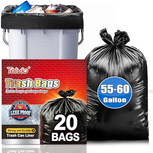 Image of Teivio 55-60 Gallon Black Trash Bags 20 Bags Extra Large Garbage Bags - 39 inch x 53 inch | Fit 45,49,50,55,60 gal Lawn And Leaf Bags Multi-Use Commercial | Outdoor Yard Waste Bag | Workshops Trash Bin Liner