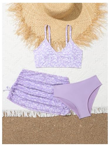 Image of COZYEASE Girls' 3 Piece Set Floral Print Bikini Swimsuit with Drawstring Beach Skirt Cute Ruched Bathing Suit