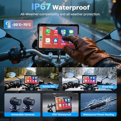 Image of WonVon Motorcycle CarPlay Screen with Android Auto - 7 inch Waterproof GPS, Pantalla para Moto, Apple CarPlay, Navigation System for Motorcycle, Dual 2K Dash Cam Bluetooth Audio,64GB&TPMS with Magnetic