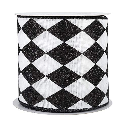 Image of Black White Diamonds Harlequin Ribbon - 4 inch x 10 Yards, Christmas, Argyle, Black Wire Edged, Valentine's Day, Mardi Gras Wedding, Gift Wrapping, Wreath Decoration, Garland, Tree Topper Bow, Halloween