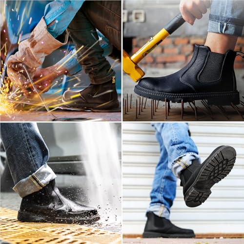 SPIEZ Men's Steel Toe Work Boots - Slip & Oil Resistant Safety Shoes | Waterproof Puncture Proof Chelsea Boots | Lightweight Breathable for Construction, Warehouse, Black（7.5-12）3