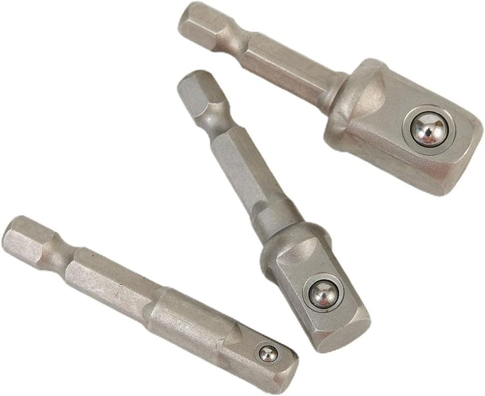 3-Piece Socket Adapter Set with 1/4, 3/8, 1/2 Inch Hex Shank Drill Bits, Chrome Vanadium Steel Extension Rod for Impact Driver and Power Drill, Quick Change Chuck