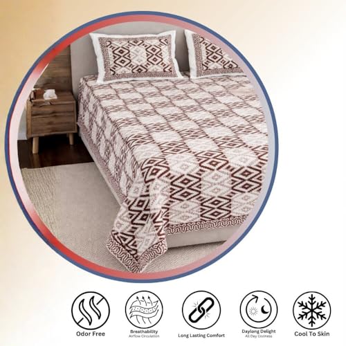 Image of Living Roots Ethnic Jaipur Block Print | Double Cotton Bedsheet & 2 Pillow Covers | for Mattress Upto 6 inches Thick, No Colour Bleeding | Brown, Off White King Size 90 * 108 inches, 144TC (610-B)