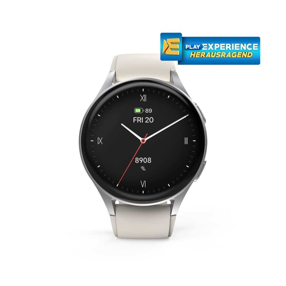 Hama Smartwatch GPS (zegarek inteligentny, smart, AMOLED 1.3, Bluetooth, wodoodporny, ładowanie magnetyczne, always-on, silikonowy pasek, srebrna koperta, 1,32", rozmowy) beżowy