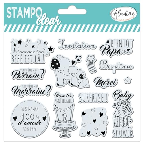 Aladine - Stampo Clear Bébé - 15 Tampons Transparents pour Scrapbooking, Carterie, Loisirs Créatifs – Invitation, Parrain, Marraine, Annonce, Faire-Part...
