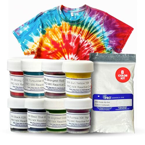 PRO Fiber Reactive MX 8 Color Dye Set - Permanent Tie Dye Powder with Soda Ash Fixer - Assorted 8 Color Kit for Tie Dye Shirt