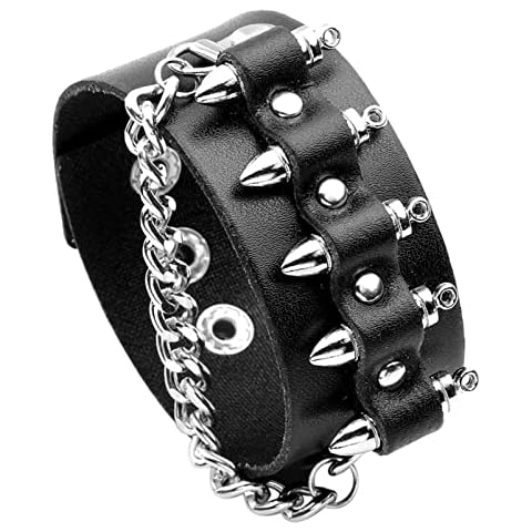 Fusamk Punk Rock Snap Bracelet Bullet Chain Wristband Wide Leather Cuff Bracelet(Black) Cover