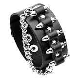 Fusamk Punk Rock Snap Bracelet Bullet Chain Wristband Wide Leather Cuff Bracelet(Black)