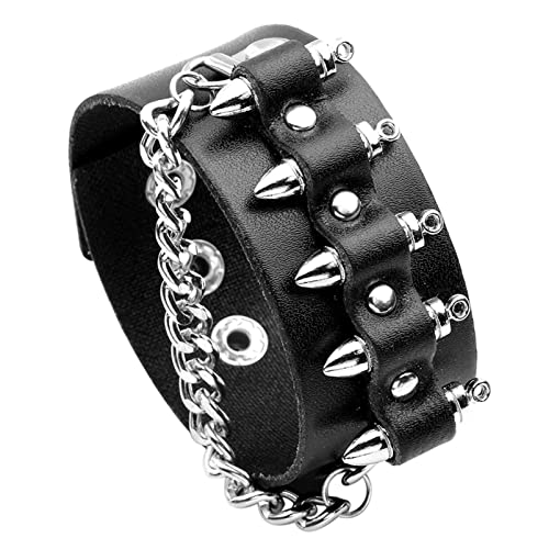Fusamk Punk Rock Snap Bracelet Bullet Chain Wristband Wide Leather Cuff Bracelet(Black) #TOP22