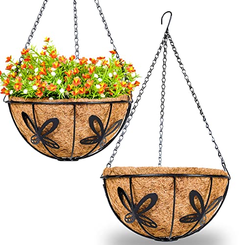 DOKIMIYA Metal Hanging Planter Basket Flower Pot with Coconut Coir Liner Plant Holder for Indoor Outdoor Balcony Home Garden Decor Butterfly Pattern, 10 Inch, 2 Pack