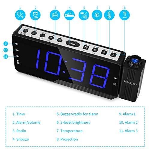 YJSMXYD Orologi, Sveglie, Sveglie Elettroniche,Digital Projector Radio Sveglia Snooze Timer Temperatura LED Display Cavo di Ricarica USB 110 Gradi da Tavolo da Muro Radio FM Orologio