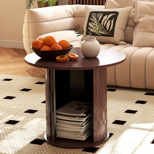 COSVALVE Round Wood Coffee Table 23.6IN with Hidden Storage & Sliding Door, Circle...