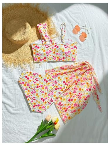 Girl's 3 Piece Floral High Waisted Bikini Asymmetrical Neck Cut Out Bathing Suit with Cover Up Skirt2