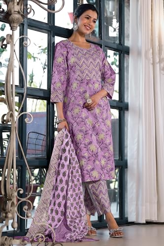 Image of MIRCHI FASHION Women's Straight Fit Pure Cotton Jaipuri Floral Printed Sequins Thread Work Kurta Set with Dupatta and Trouser