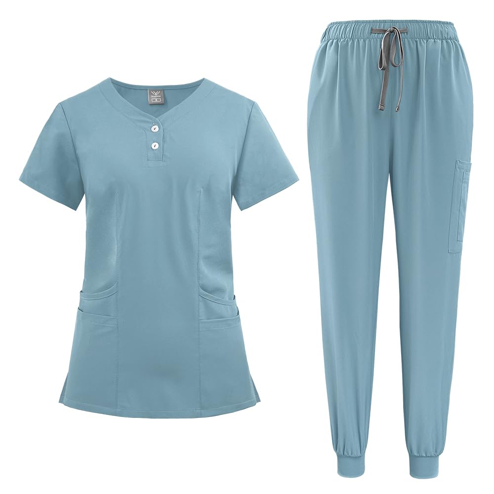 VIAOLI Women's Scrubs Set-Stretchy V-Neck Top and Drawstring Jogger Scrub Pant,Nursing Uniforms and 10 Colors (Light Blue,S)