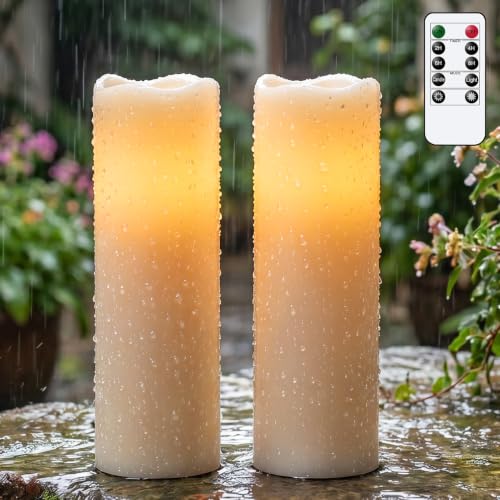 Image of GenSwin Outdoor Flameless Candles Battery Operated Waterproof Remote | IP65, White, Flickering LED Candles, Large Pillar Candles Lantern Porch Patio Garden Decor, 4 inch x 14 inch, 2 /4 /6 /8 Timer, 2 Pack