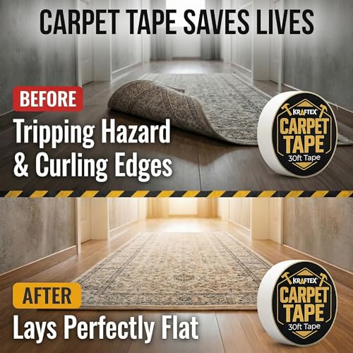 Double-Sided Carpet Tape for Area Rugs, 10 Yards x 0.725in. Rug Tape Hardwood Floor no Damage, Heavy Duty and Double Sided for Carpet, Tiles, Concrete and More. Use Indoors or Outdoor
