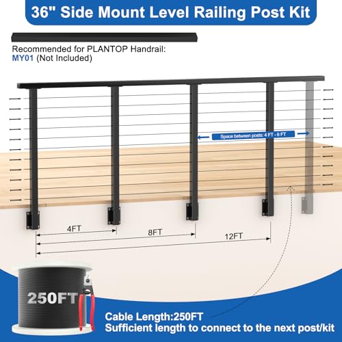 Image of 12-20ft Complete Set 36 inch Side Mount Level Railing Post Kit, 4 Pack Black Fascia Mount Level Drilled Post, 250ft 1 /8 inch Stainless Steel Cable(No Handrail), Swageless Cable Railing Kit, MY10-LP