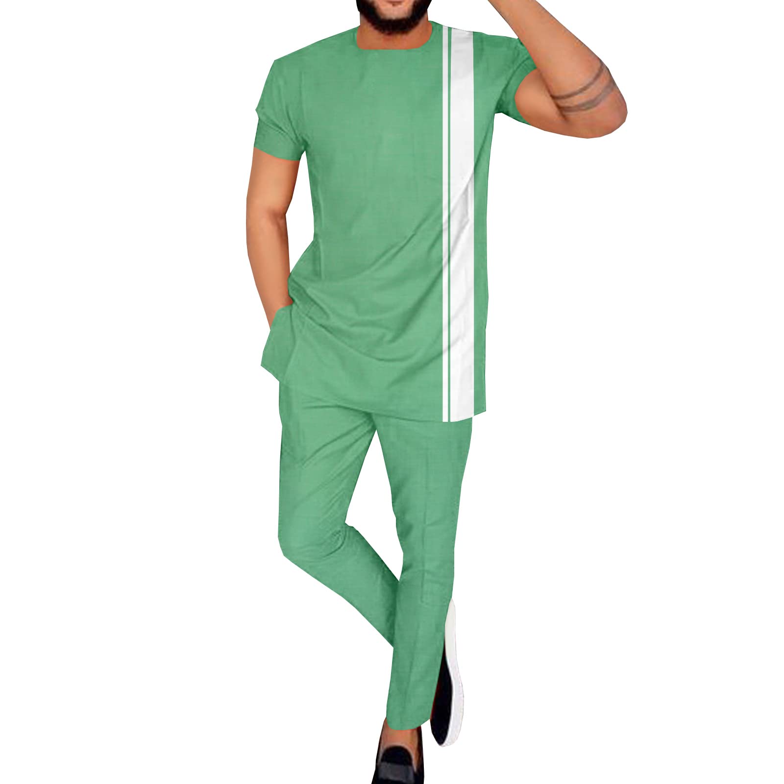 Trajes africanos para hombre, camisas y pantalones, conjunto de 2 piezas, atuendo Ankara de talla grande, traje casual, Verde claro, Large