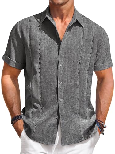 Runcati Mens Guayabera Shirts Short Sleeve Casual Cuban Linen Shirt Button Down Beach Summer Mexican Shirts