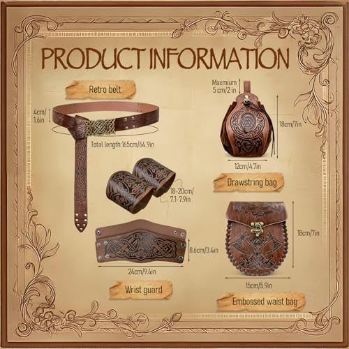 Ecoret-Pro Wikinger Gürtel Set, Mittelalter Gürteltasche Geprägte Kunstleder mit Manschette Armband & Lederbeutel, Mittelalter Ritter Zubehör, Wikinger Kostüm Accessoires Anzug für Herren, Braun