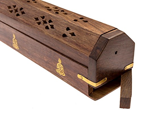 Alternative Imagination Wooden Coffin Incense Burner - Incense Burner For Incense Sticks And Cone Incense. Includes Storage Compartment For Incense Sticks. Coffin Style Featuring Sitting Buddha #TOP3