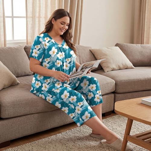 Image of Bestbee Women's Pajama Sets 2 Piece Lounge Outfits Summer Sleepwear V Neck Short Sleeve Capri Pant With Pockets Ladies Pjs