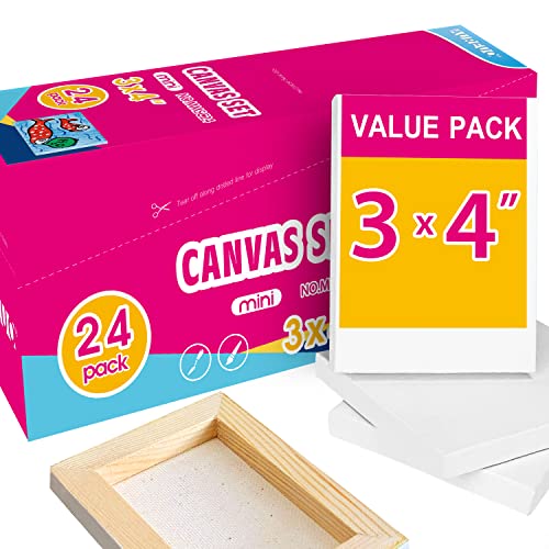 AUREUO Mini Stretched Canvas - 3x4 Inch/24 Pack - 2/5 Inch Profile Small Square Canvas - Gift Set Bulk Pack Canvases for Acrylic Painting & Craft