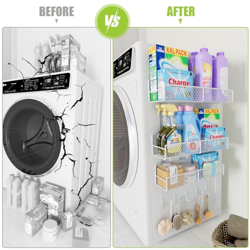 Magnetische Regale für Waschmaschine, robust, magnetischer Wäsche-Organizer mit Haken, Waschmaschinenregal für Kühlschrank, Metall-Aufbewahrungskörbe, Schrank und Waschküchen-Organisation (weiß), 4