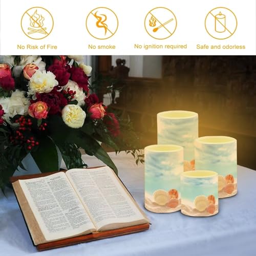 Image of Flameless Candles with Remote Control, Set of 4, Color Changing Flickering Flameless LED Pillar Candles with Battery Operated, Beach Seashell Blue Decor