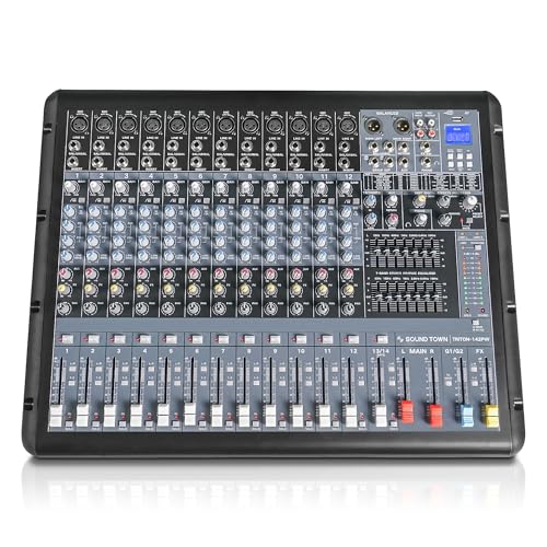 Sound Town 14-Channel 2x800W Powered Mixer w/ 2 Bus, DSP effects, USB, MP3, Dual 7-band EQ, Phantom Power (TRITON-142PW)