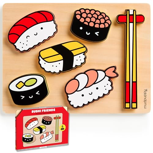 Image of Mudpuppy Sushi Friends - Wooden Tray Puzzle with 6 Delicious Sushi Shaped Pieces and Plywood Tray for Babies and Toddlers