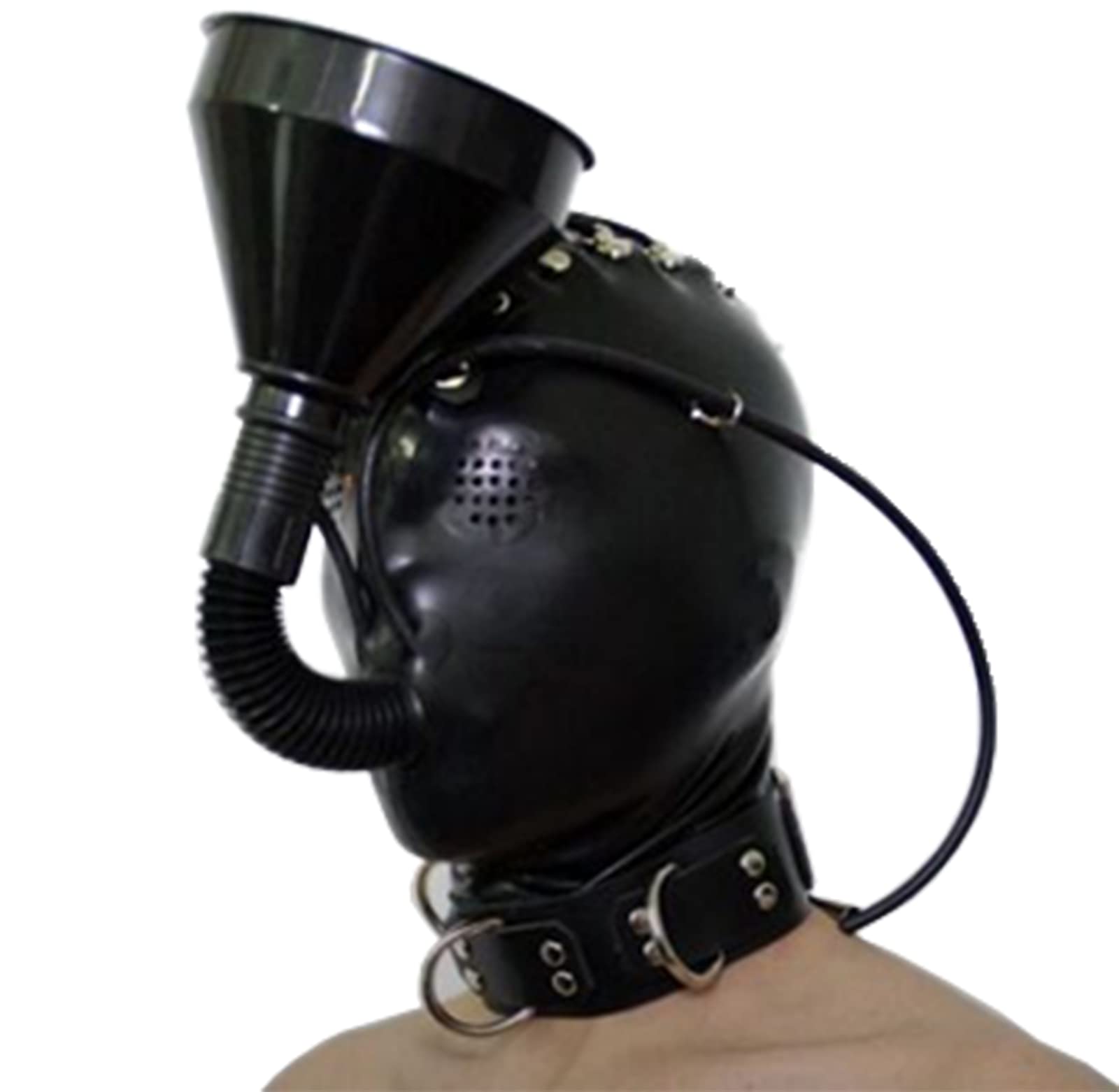 Masque BDSM en latex, masque complet, masque sexuel fait main, masque avec entonnoir bâillon, masque de tête, jeux érotiques, masque BDSM, jouets sexuels for hommes et femmes(B,XL)