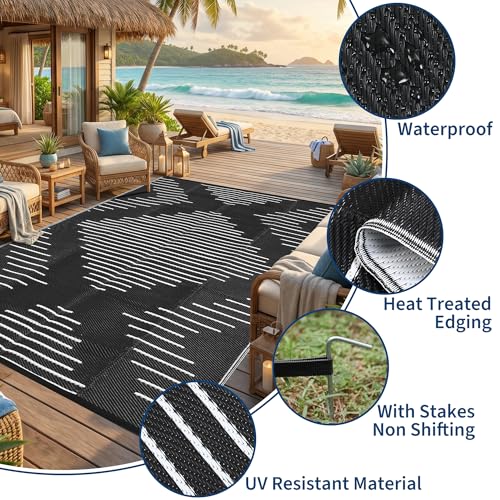 Garvee 10x14 Outdoor Rugs Waterproof Easy-Cleaning for Patio Black White - Image 3
