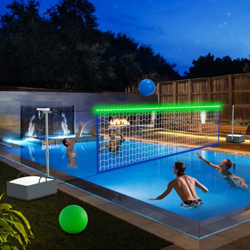 Pool Volleyball Net Set with Bright LED Lights, Solar Powered Volleyball Net with Adjustable 15ft-32ft Length for Inground Pools, Water Volleyball Net with 2 Balls & Pump for Pool Party & Games