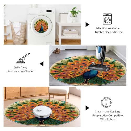 Tapete redondo lavable vintage pavo real 2 pies miniatura 7