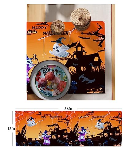 Halloween Table Runner 36 Inches Short, Cotton Linen Small Short Kitchen Dining Coffee Table Runners Dresser Décor, Burlap Runner For Table, Wedding, Party Horror Skull Ghost Haunted-House Bat Orange #TOP5