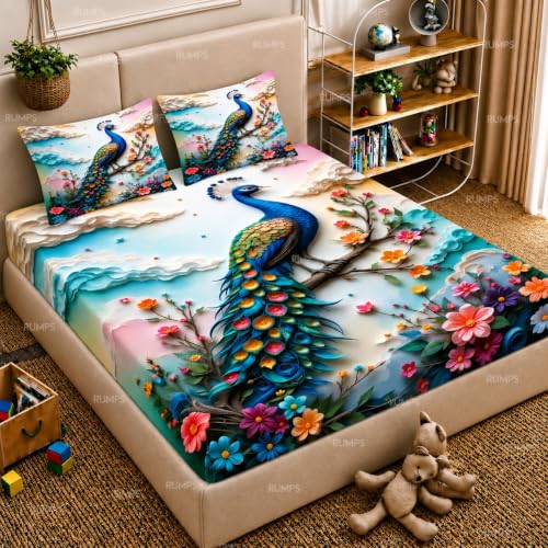 Image of RUMPS 7D HD Digital Printed Peacock King Size Bedsheet with 2 Pillow Covers | Premium Floral Peacock Designer Bedding Set | Luxury Bedroom Decor Collection | Size 90x100 Inches