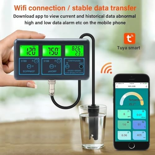 Tester intelligente per la qualità dell'acqua 7 in 1, misura l'umidità temporanea PPM PH ORP EC CF, analizzatore WiFi per acquari, piscine, laboratori di acqua potabile, idroponica