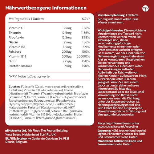 Vitamin B Komplex Hochdosiert mit Vitamin C, 365 B Komplex Vegane Tabletten mit alle 8 B-Vitaminen, Vitamin B12 hochdosiert + B1-B2-B3-B5-B6 Biotin Reduziert Müdigkeit & Erschöpfung (EFSA) - Nutravita