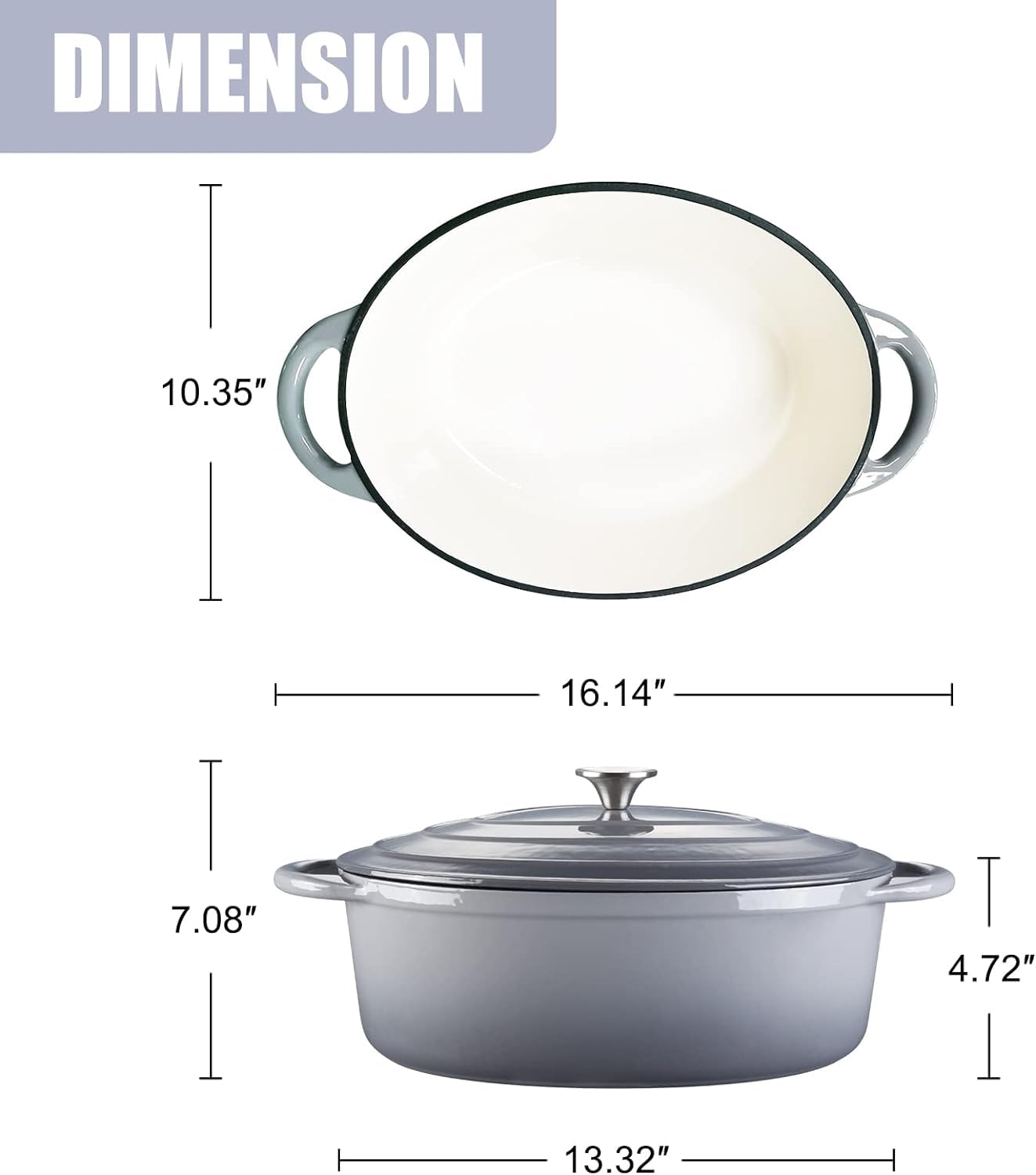 Enameled Cast Iron Signature Oval Dutch Oven, 7 qt Enameled Oval Dutch Oven Pot with Lid and Dual Handles for Braising, for Braising, Broiling, Bread Baking, Frying, Gray