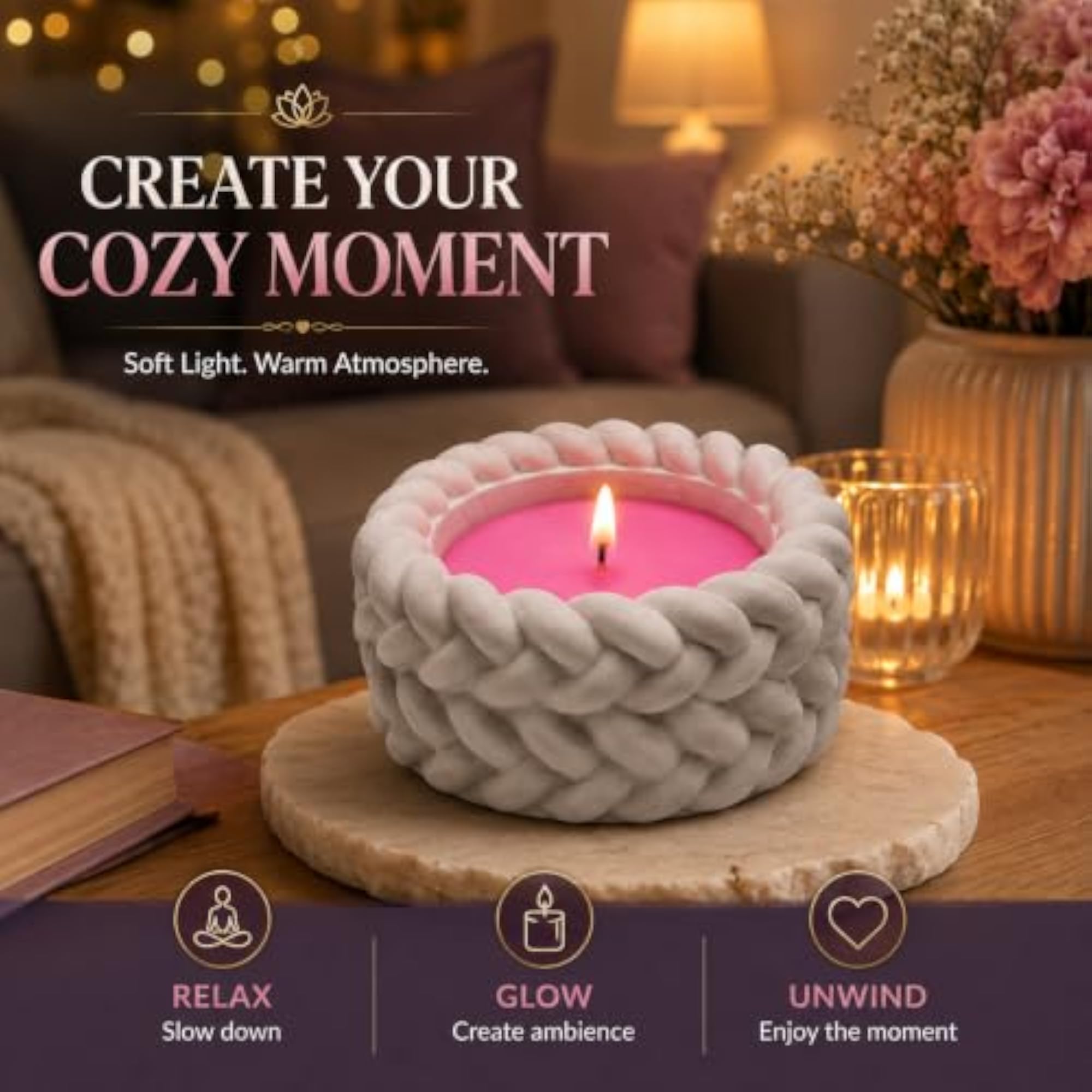 Modern Braided Pink Wax Candle, Decorative Gift