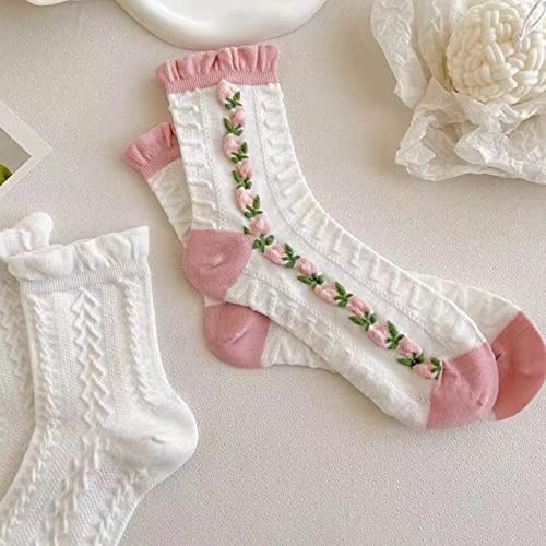 5 Pairs Pink and White Mid Socks Set for Women, Girls' Thin Knitted Breathable Mid Ankle Socks, Spring & Summer Floral Mid Crew Socks2