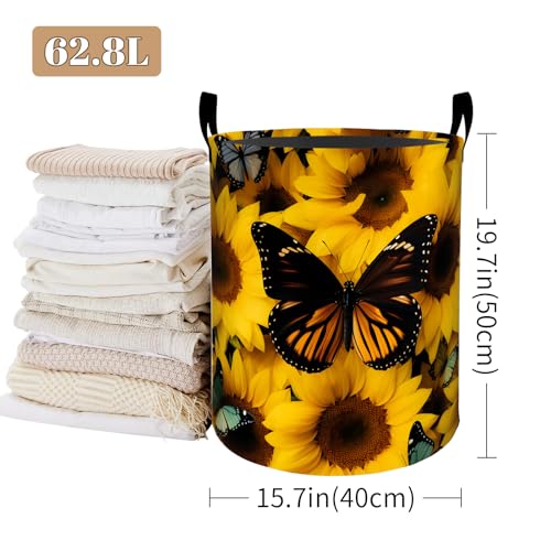 Image of Sunflower Laundry Basket, Butterfly Print Foldable Oxford Cloth, Waterproof Dirty Clothes Hamper with Handles, Clothing Storage Bucket Toy Organizer for Bathroom Bedroom Dorm, 19.7 inchx15.7 inch