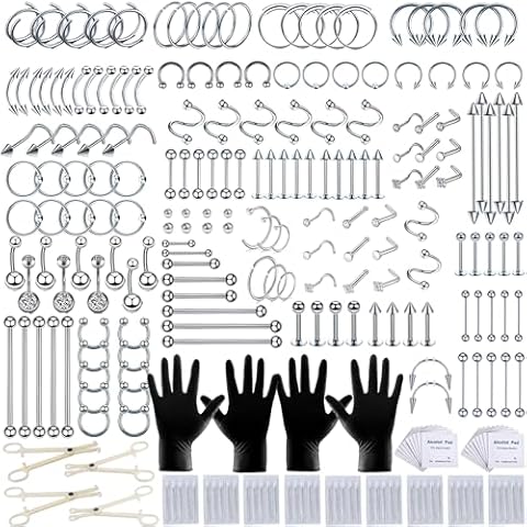 247Pcs Piercing Kit for all Body Piercings with Piercing Jewelry and Tools for Nose Septum Belly Button Lip Ear Tongue Cartilage Eyebrow and More with 12G 14G 16G and 20G Piercing Needles Cover