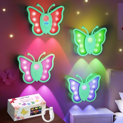 Image of LOFTEK Rechargeable Motion Sensor Light, 2 Color Modes, Dimmable RGB Ambient Lighting, Cute Butterfly Light for Kid's Bedroom, Bathroom, Hallway, Tent & Stairs - Ideal Home Decor & Gift, Green of 4