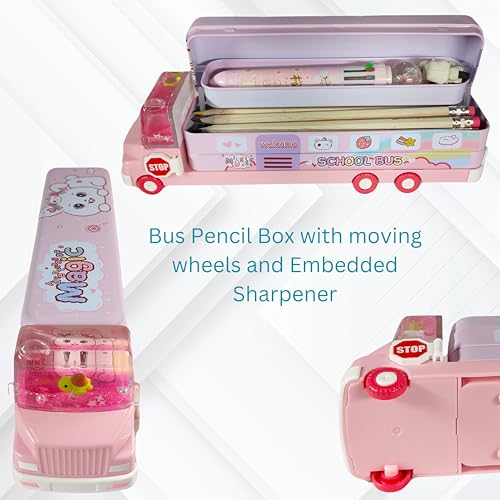 Image of ZAFCO Metal Bus Pencil Box for Boys | Gel Toy with Moving Wheels Compass for Kids | Pen Box for Students | Geometry for School | Birthday Return Gift 1 Unit (Pink-Truck)