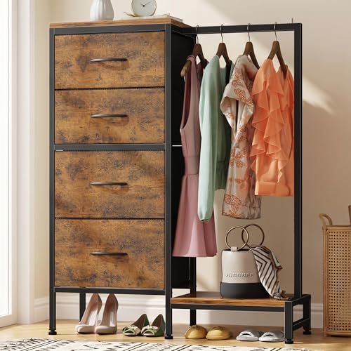 HIGDBFE Tall Dresser 44H with Hanging Rack 4 Drawers Small Closet Dresser for Bedroom Reversible Fabric Chest of Drawers with Clothes Rack Tall Storage Tower Sturdy Frame Rustic Brown